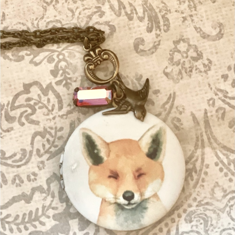 Fox Locket necklace woodland pendant vintage rhinestone pink bird baby memory